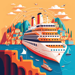 Wall Mural - Cruise ship tropical island vacationing background. Luxury voyage cruises on a passenger ship vessel to amazing destinations. Marine relaxation holiday vacation, travel and adventure transport
