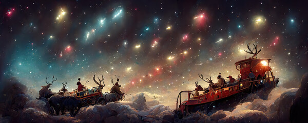 Santa's sleigh in the snow against the background of the starry sky and the milky way