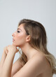 © face_reader_img - Vertical profile portrait of gorgeous young woman looking away. Mock-up.