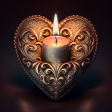 Romantic Candle In Heart Shaped And Heart Decorated Candle Holder On Black Background