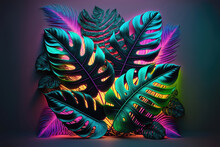 Dark Green Tropical Leaves Colorful Neon Light, Backlight, Leaves Composition, Plant Background, Manstera, Palm Leaves. AI