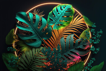 Wall Mural - Dark green tropical leaves colorful neon light, backlight, leaves composition, plant background, manstera, palm leaves. AI