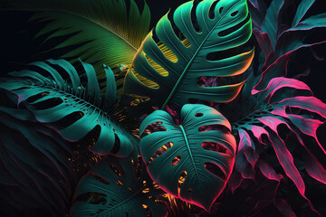 Wall Mural - dark green tropical leaves colorful neon light, backlight, leaves composition, plant background, man