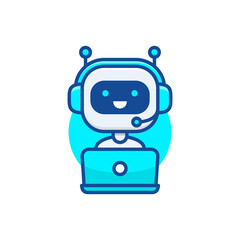 Wall Mural - Chatbot icon. Cute robot working behind laptop. Modern bot sign design. Smiling customer service robot. Flat line style vector illustration isolated on white background