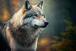 Beautiful Alaskan tundra wolf in close up, with a hazy forest in the distance. Generative AI