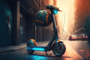 Electric scooter in the city with a helmet. Generative AI