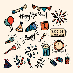 Set of Cartoon Happy New Years' Doodle Vector Illustration, Handdrawn elements of new year celebration isolated over white. New year party doodle elements colorfull