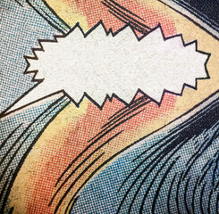 Wall Mural - Closeup photo of a real vintage comic book page with empty speech bubble and yellow red and blue printing dot pattern