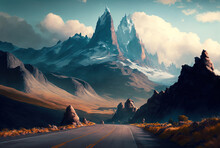 A Road In The Vertical Picture Is Bordered By Tall, Rugged Mountains That Are Shrouded In White Clouds. Generative AI