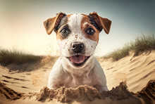 A Filthy Jack Russell Puppy Playing In The Sand On A Summer Beach. Generative AI