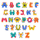 Fototapeta Dinusie - Monster Alphabet with Cute Abc Capital Letters Vector Set