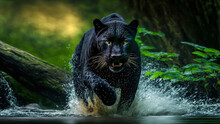 Majestic Panther Runs On Water In Jungle. Dangerous Animal. 