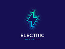 Electric Wave Logo Concept. Lightning Sign With Waves. Electricity Power Logotype. Flash Logo Design In Linear Style. Lightning Bolt With Waves. Modern Line Vector Illustration
