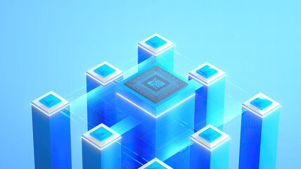 3D rendering of cyberpunk AI. Circuit board. Technology background. Central Computer Processors CPU and GPU concept. Motherboard digital chip. Tech science background.