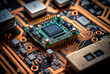 © AkuAku - Close up of an electrical circuit board with a CPU, a microchip, and other electronic components in the background. Generative AI