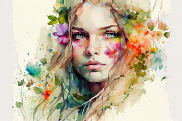 Portrait of beautiful woman with a flowers, beautiful abstract painting, smudge, drips, spattered. Colorful creative illustration generated by Ai