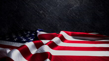 Presidents Day Banner. Premium Holiday Background Featuring American Flag On Black Slate With Copy-Space.