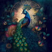 Bohemian Background With A Peacock, Teal And Earthy Colors, Generative Art 