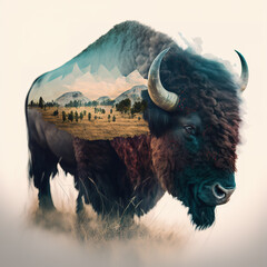 Double exposure Bison and landscape  made with Generative AI