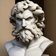 3D illustration featuring a chiseled white marble statue bust of Greek god Zeus, also known as the Roman god Jupiter, god of thunder and the king of gods on Mount Olympus in ancient Greek Mythology