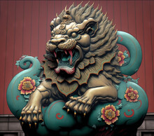 Foo Dog, FuDog, Chinese Guardian Lions, Symbol, Statue, Sculpture, Buddhism, Religion, Asia, China, Japan. AI Generation