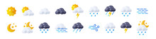3d Render Weather Icons Set, Sun Shining, Clouds, Lightnings And Snow Or Rain Forecast Elements For Web Design. Cartoon Illustration In Plastic Minimal Style, Isolated Objects On White Background