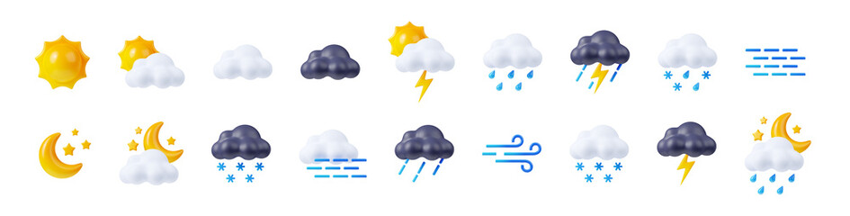 3d render weather icons set, sun shining, clouds, lightnings and snow or rain forecast elements for 