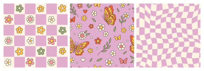 Groovy butterfly, daisy, flower. Hippie 60s 70s seamless patterns. Waves, swirl, checkerboard, chessboard, mesh backgrounds in retro style. Y2k aesthetic. Fashion design, textile, fabric collection.