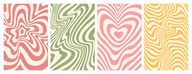 groovy hippie 70s backgrounds. waves, swirl, twirl pattern with heart, daisy, flower. twisted and di