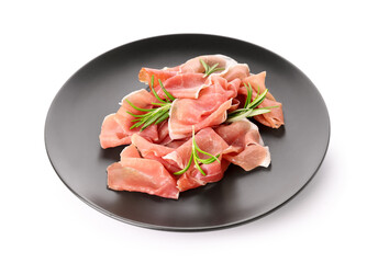 Wall Mural - Plate with slices of delicious ham and rosemary on white background