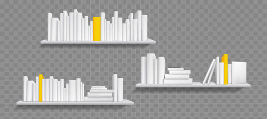 Books on white bookshelf, bestseller mockup with yellow cover stand on shelf in library or store. Booklets, diary volumes with empty spines stand on rack hanging on wall, Realistic 3d vector mock up