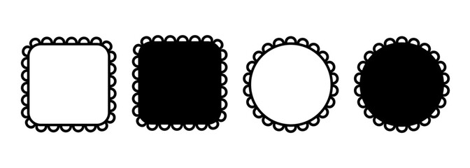 Wall Mural - Circle and square scalloped frames. Scalloped edge rectangle and ellipse shapes. Simple label and sticker form. Flower silhouette lace frame. Vector illustration isolated on white background.