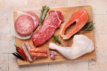 Canvas Print - Various raw meat and fish. Steaks, sausages, salmon, chicken and spices