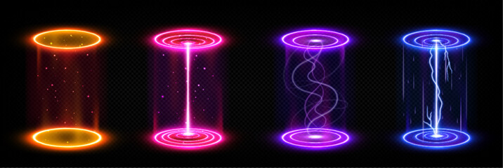Wall Mural - Futuristic portals, magic hologram teleport with round podium. Sky-fi digital hi-tech collection in HUD technology style. GUI, UI virtual reality projector with colorful light, 3d Vector illustration
