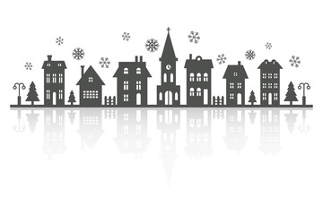 Suburban neighborhood winter landscape. Silhouette of houses and church on the skyline with snowflakes. Countryside cottage homes. Glyph vector illustration. with reflection