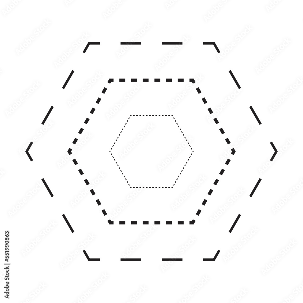 Tracing hexagon shape symbol, dashed and dotted broken line element for preschool, kindergarten and Montessori kids prewriting, drawing and cutting practice activities in vector illustration
