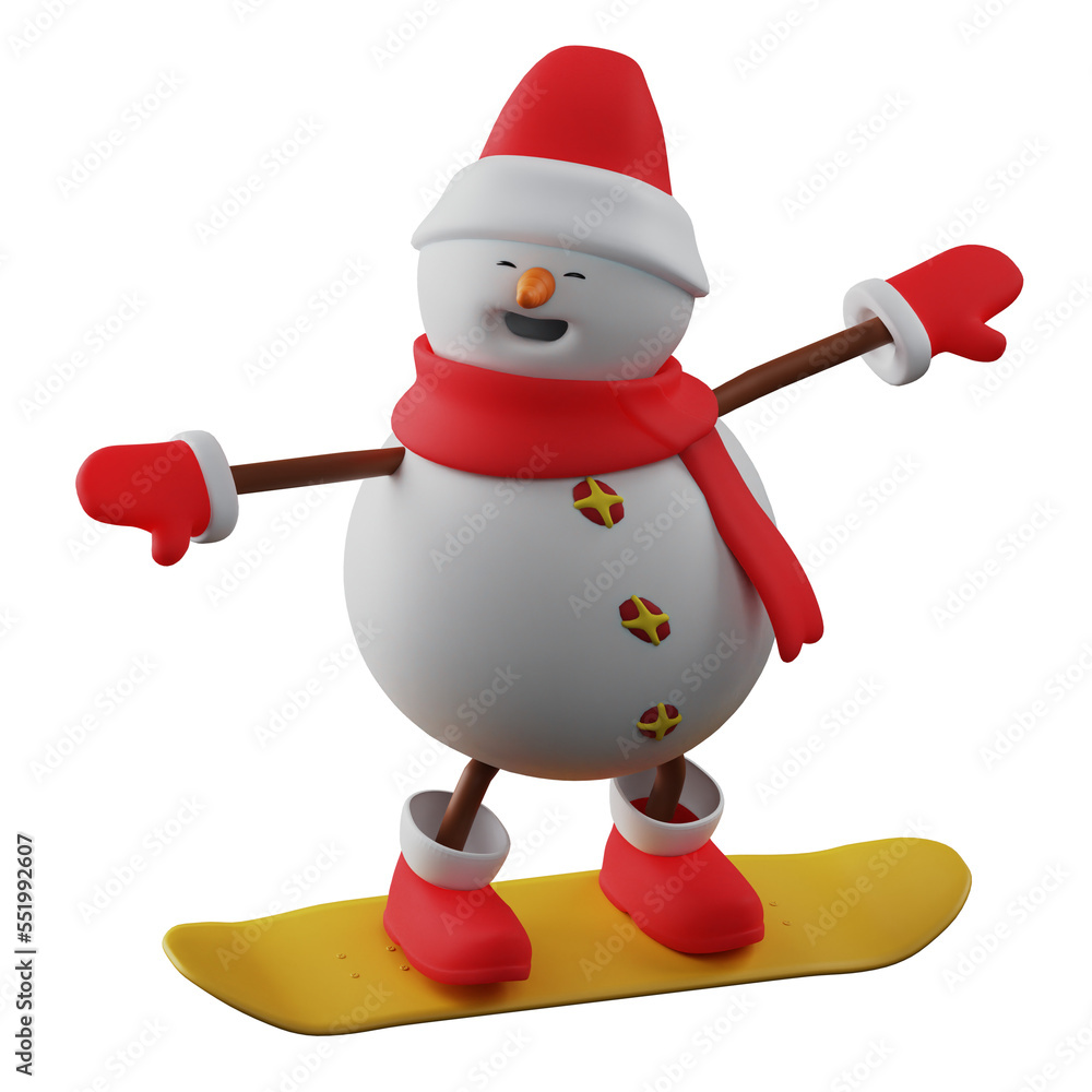 3D illustration. Talented 3D Snowman Cartoon Character standing on a skateboard. with both arms open. showing a happy laugh. 3D Cartoon Character