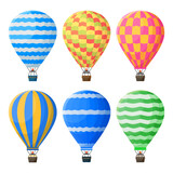Fototapeta  - Hot air balloons, colorful flying vintage airships. Sky vehicle for adventure, traveling activity. Airship journey