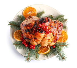 Wall Mural - Plate with tasty Christmas ham, fir branches and dried citruses on white background