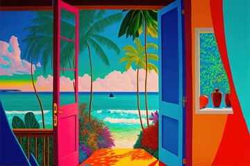 Beach house interior with wide open doors and windows with a view over the beach and summer ocean. Tropical paradise vacation in vibrant colorful pop art.