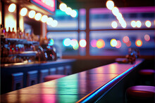 Miami Bar Background With Empty Wooden Table For Product Display, Indoor Blurred Background, Colorful Rainbow Color Bokeh Lights, Copy Space, LGBT Pride. Rainbow Flag, Symbol Gays And Lesbians LGBT, L