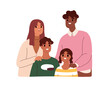 Family with children portrait. Happy international parents, kids. Mother, father, daughter and son of different race. Interracial mom, dad. Flat vector illustration isolated on white background