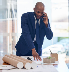 Poster - Architect, business and black man on phone call and blueprint, communication and contact with networking or phone meeting. Planning, businessman and architecture, mobile and building design review.