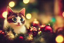 Sweet Cat Hidden Among The Colorful Decorations Of A Christmas Tree. Perfect Illustration To Represent Animal Love And Sharing At Christmas. Warm And Cute Scene.