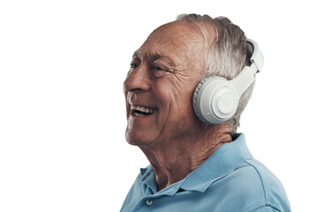 Wall Mural - PNG Shot of an elderly male wearing headphones and listening to music in a studio.