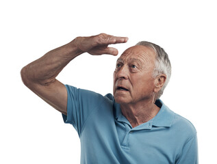 Wall Mural - PNG Shot of an older man with his hand covering his face looking off into the distance in a studio.