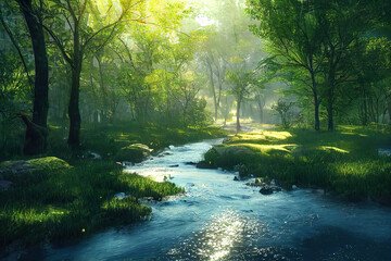 Sticker - beautiful morning in the magical spring forest