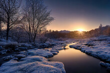 Beautiful Spring Landscape With River And Melting Snow