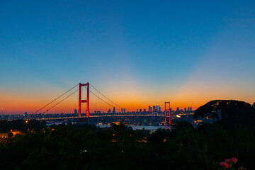 Awesome Panoramic view of Istanbul Bosphorus on sunset. Istanbul Bosphorus Bridge (15 July Martyrs Bridge. Turkish: 15 Temmuz Sehitler Koprusu). Beautiful landscape Turkey.