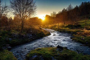 Wall Mural - beautiful calm river in the mountains in spring morning